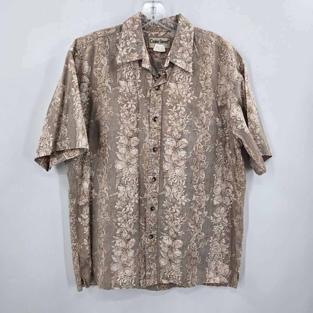 Cooke Street Honolulu Mens Hawaiian‎ Shirt Tan Floral Cotton Made in USA Size M